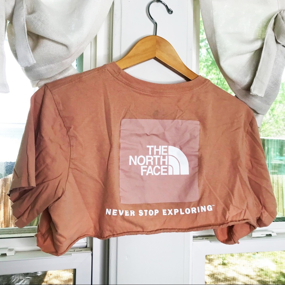 The North Face Cropped Pink Tee Cutoff Short Sleeve Never Stop Exploring Print